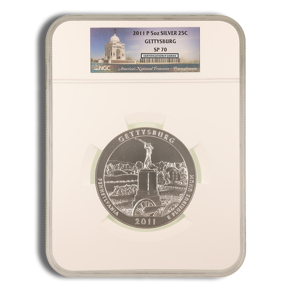 2011 p 5 oz atb gettysburg silver coin ngc sp70