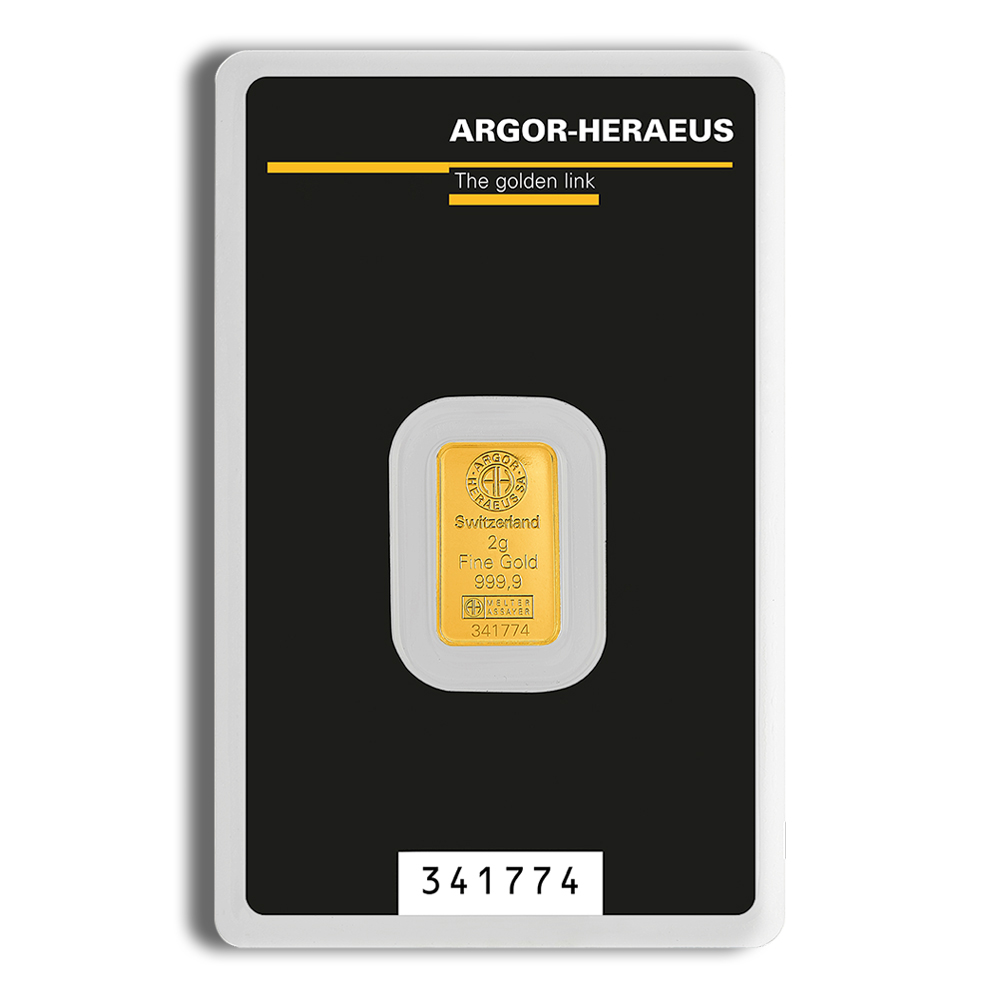 2 gram gold bar argor heraeus (carded)