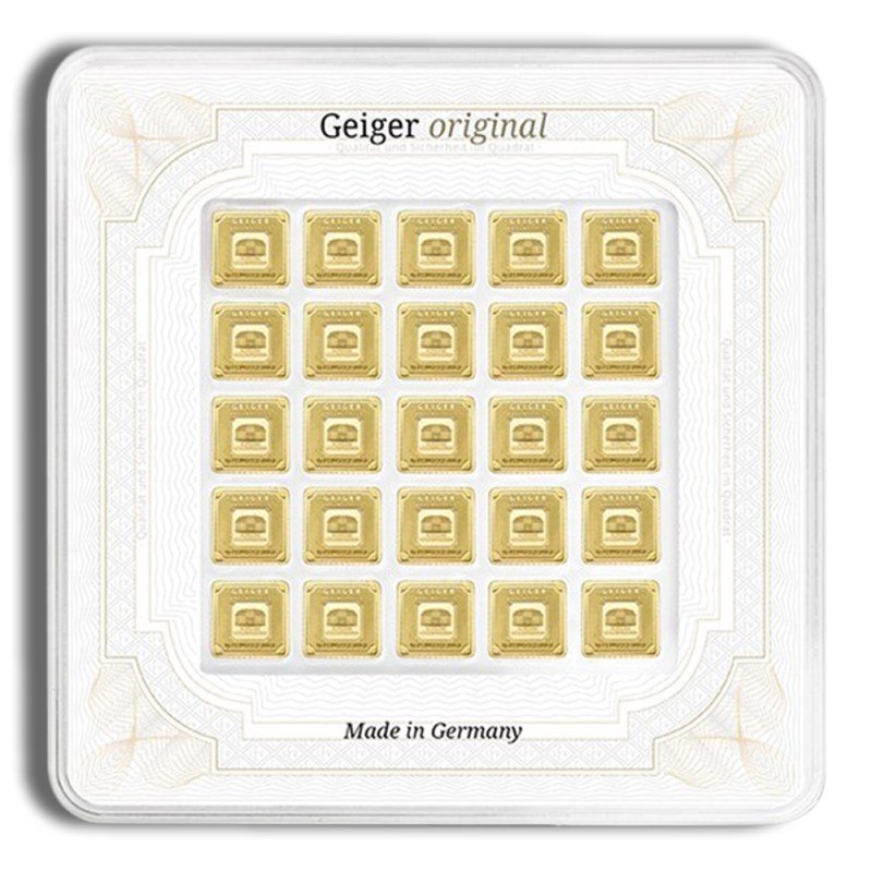 25 x 1 gram gold bar geiger multicard (in assay)