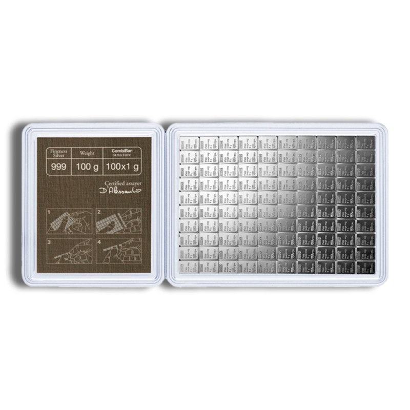 100 x 1 gram silver valcambi combibar™ (in assay)